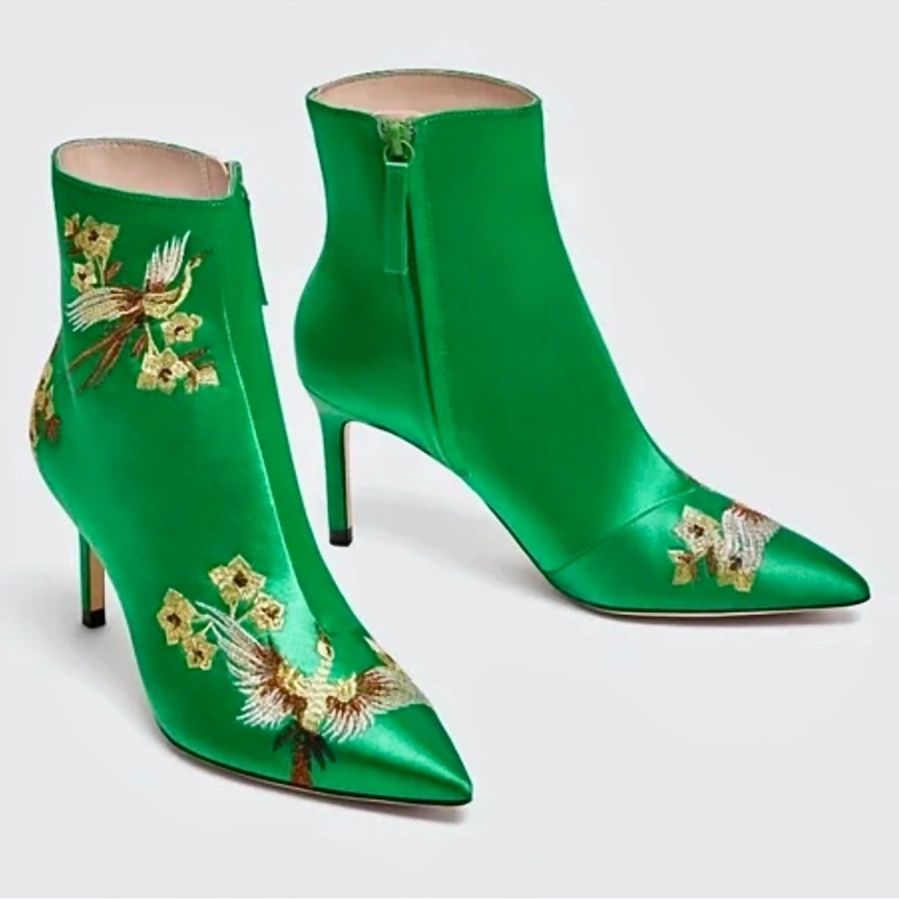 Zara Green Satin Embroidered Pointed Stiletto Ankle Boots